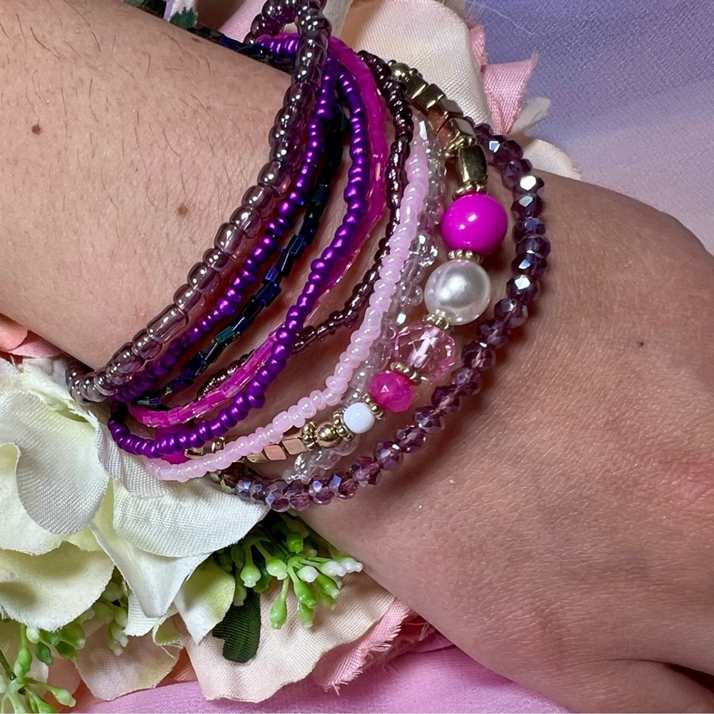 Royal Raspberry Beaded‎ Bracelet Stack with Elastic OS - Picture 4 of 10